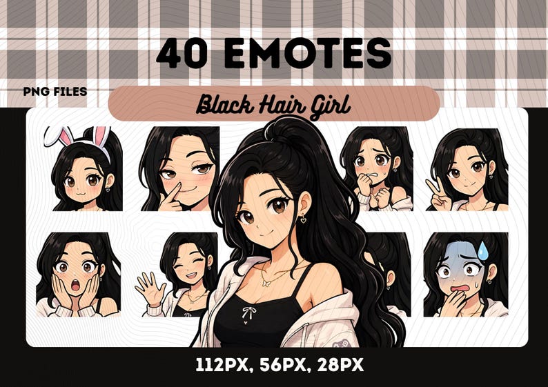 Puede incluir: Ilustraci&oacute;n digital con 40 emoticonos de una chica de pelo negro con diversas expresiones. El t&iacute;tulo "40 Emotes Black Hair Girl" est&aacute; visible. Los emoticonos est&aacute;n en formato PNG y disponibles en tama&ntilde;os de 112px, 56px y 28px.