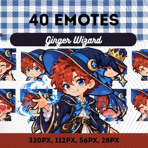 Könnte beinhalten: Eine digitale Sammlung von 40 Emotes mit einem rothaarigen Zauberer in blauem Gewand und Hut. Das Set enthält verschiedene Ausdrücke und Posen sowie die Textbeschriftungen 40 EMOTES, Ginger Wizard, PNG FILES, 320PX, 112PX, 56PX, 28PX.