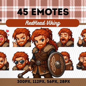 May include: A digital collection of 45 RedHead Viking emotes in PNG format. The set features a cartoon character with red hair and a beard, wearing fur-trimmed armor, shown in various expressions including hearts, sunglasses, and holding a shield.
