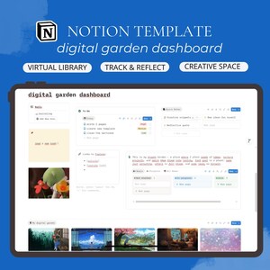 Può includere: Un modello di dashboard di giardino digitale su uno schermo di tablet. Lo schermo mostra un modello Notion con sezioni per una libreria virtuale, monitoraggio e spazio creativo. Il testo include "digital garden dashboard" e "NOTION TEMPLATE".