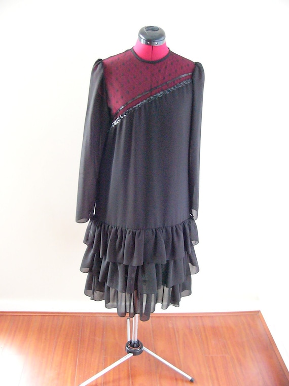 80's Black Flapper Evening Dress with Ruffled Skir