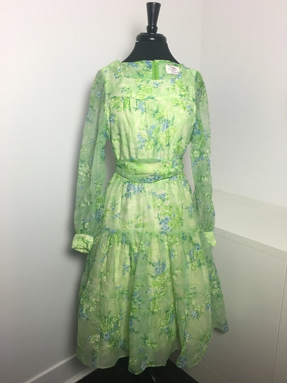 70's Green Floral Print Chiffon Dress