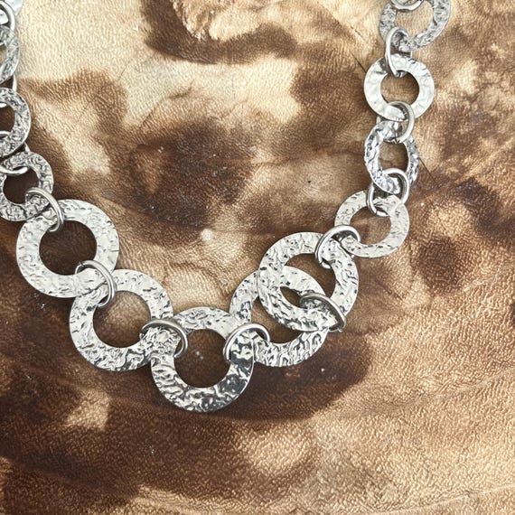 retro silver plated round chain linked statement … - image 4
