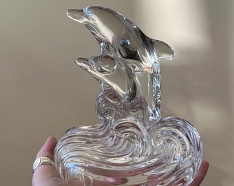 ヴィンテージガラス製イルカのジャンプブックエンド