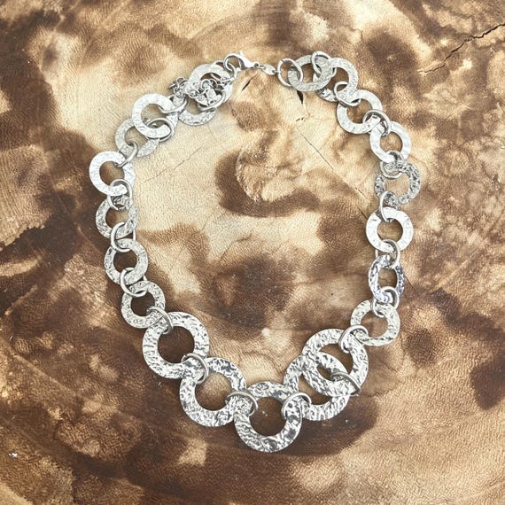 retro silver plated round chain linked statement … - image 2
