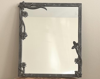 pewter mirror with flowers, butterflies & leaves (12" x 10")
