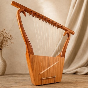 May include: A wooden lyre with a rectangular soundbox and curved arms. The instrument has multiple strings and a bridge. The wood has a warm, natural tone. The lyre is set against a neutral background, suggesting a classical or historical theme.