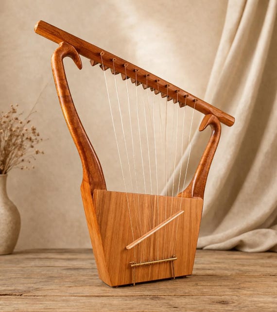 Handmade Rosewood 10 String Lyre Harp, King David Musical Instrument (Bag, Key, Extra Strings)