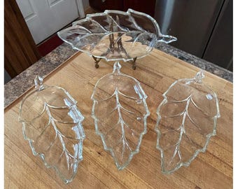 1960s Vintage Hazel Atlas Clear Glass Leaf Dishes Set of 4 Appetizer Plates