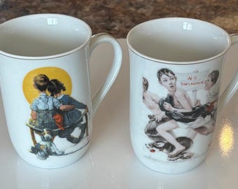 Vintage 1980s Norman Rockwell Puppy Love No Swimming Mugs Set Japan