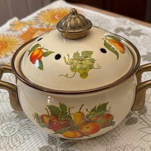 Vintage Fruit Potpourri Pot Vented Lid Brass Handles Cottage Fall Decor C. 1970s