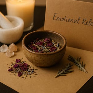 Puede incluir: Una vela encendida en un vaso, un cuenco pequeño lleno de hierbas secas y pétalos de flores, y una tarjeta con las palabras "Emotional Release". La escena está sobre una superficie marrón.