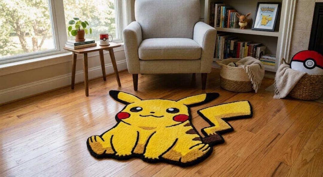 Pikachu Rectangle Rug Pikachu Tufted Rug – Handmade Pokémon Inspired Kawaii Gaming Room ...