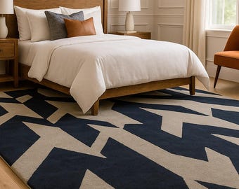 Modern Geometric Area Rug – Navy Blue Abstract Pattern Rug, Contemporary Living Room Carpet