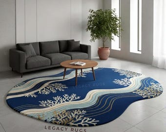 May include: A blue area rug with a unique, organic shape. The rug features a design of white coral and wavy lines in shades of blue, beige, and gold. The text "LEGACY RUGS" is visible on the rug.