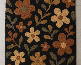 Floral Area Rug – Vintage Black Botanical Flower Rug for Living Room & Bedroom