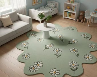 Kids Flower Rug – Daisy Shaped Nursery & Playroom Carpet, Soft Floral Floor Mat