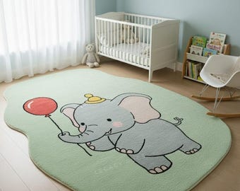 Elephant Nursery Rug – Soft Pastel Green, Playful Design