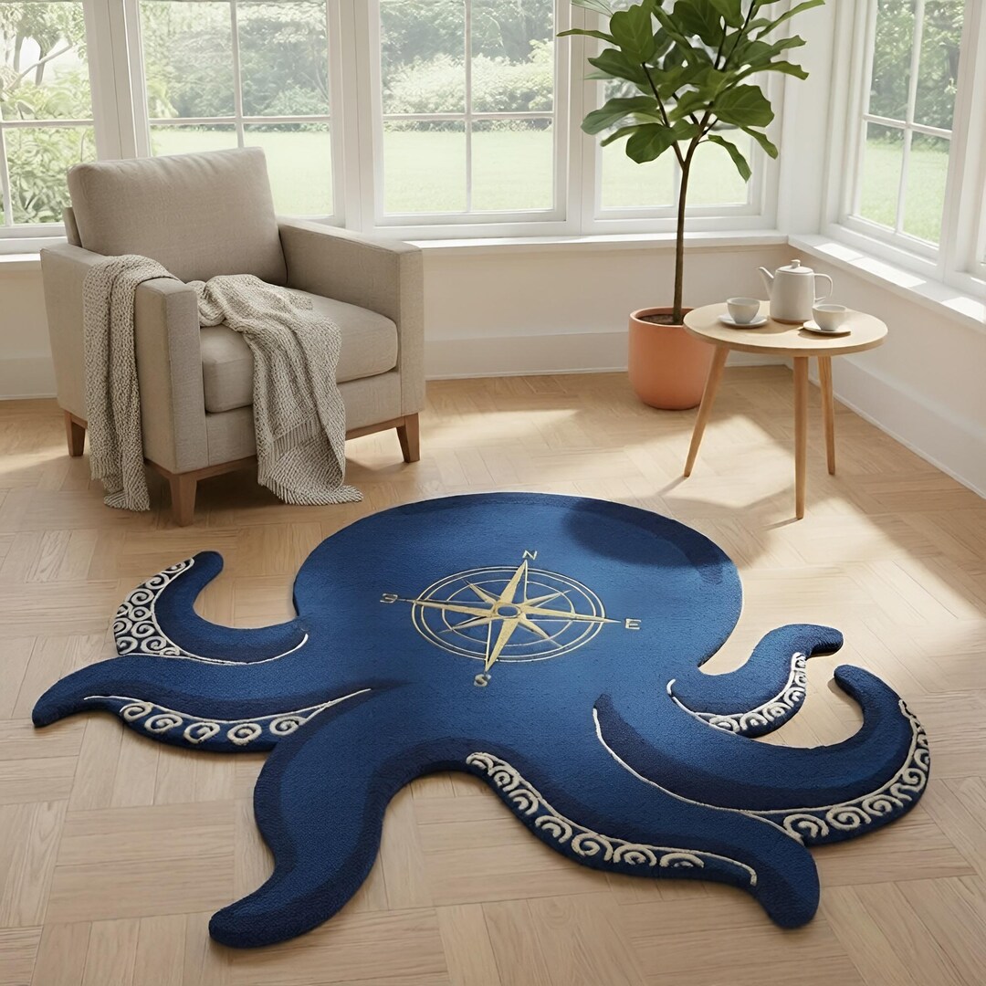 Blue Compass Rug Octopus Area Rug – Nautical Compass Blue Coastal Floor Decor - Etsy