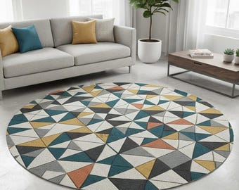 Geometric Round Area Rug – Modern Abstract Triangle Pattern Carpet for Living Room & Bedroom Decor