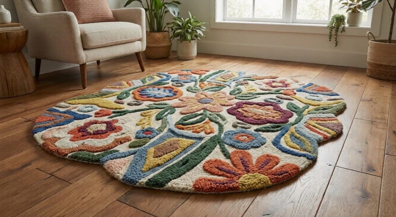Handmade Floral Round Rug – Colorful Boho Tufted Area Carpet for Living ...