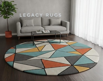 Modern Geometric Round Rug – Abstract Color Block Area Rug, Contemporary Living Room Decor