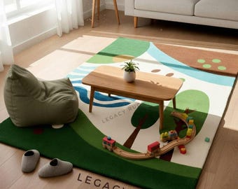 May include: A colorful area rug with a playful landscape design featuring green hills, a blue river, and a wooden train set. A wooden coffee table and a green beanbag chair are also in the room. The rug has the text "LEGACY RUGS".