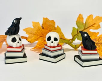 Gothic Kawaii Book Stack Clicker: 3D Printed Skull Raven Desk Toy