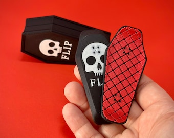 Coffin Kickflip Magnetic Skateboard Fidget Toy with Case, Choose Design: FLIP, RIP or Skull