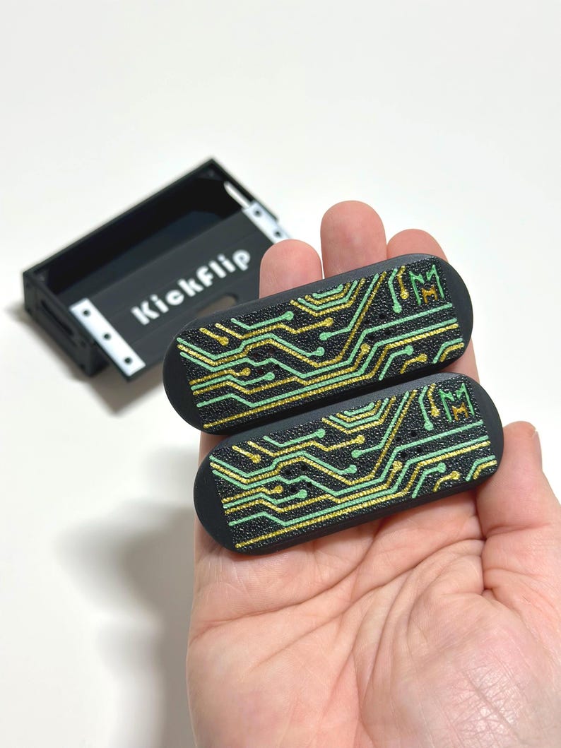 Kickflip Magnetic Skateboard Fidget Toy with Sliding Case Option | Glow in the Dark, Various Colours Circuits Green&Gold