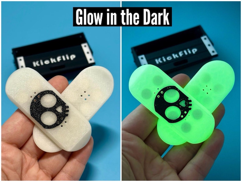 Kickflip Magnetic Skateboard Fidget Toy with Sliding Case Option | Glow in the Dark, Various Colours Black Skull, Glow