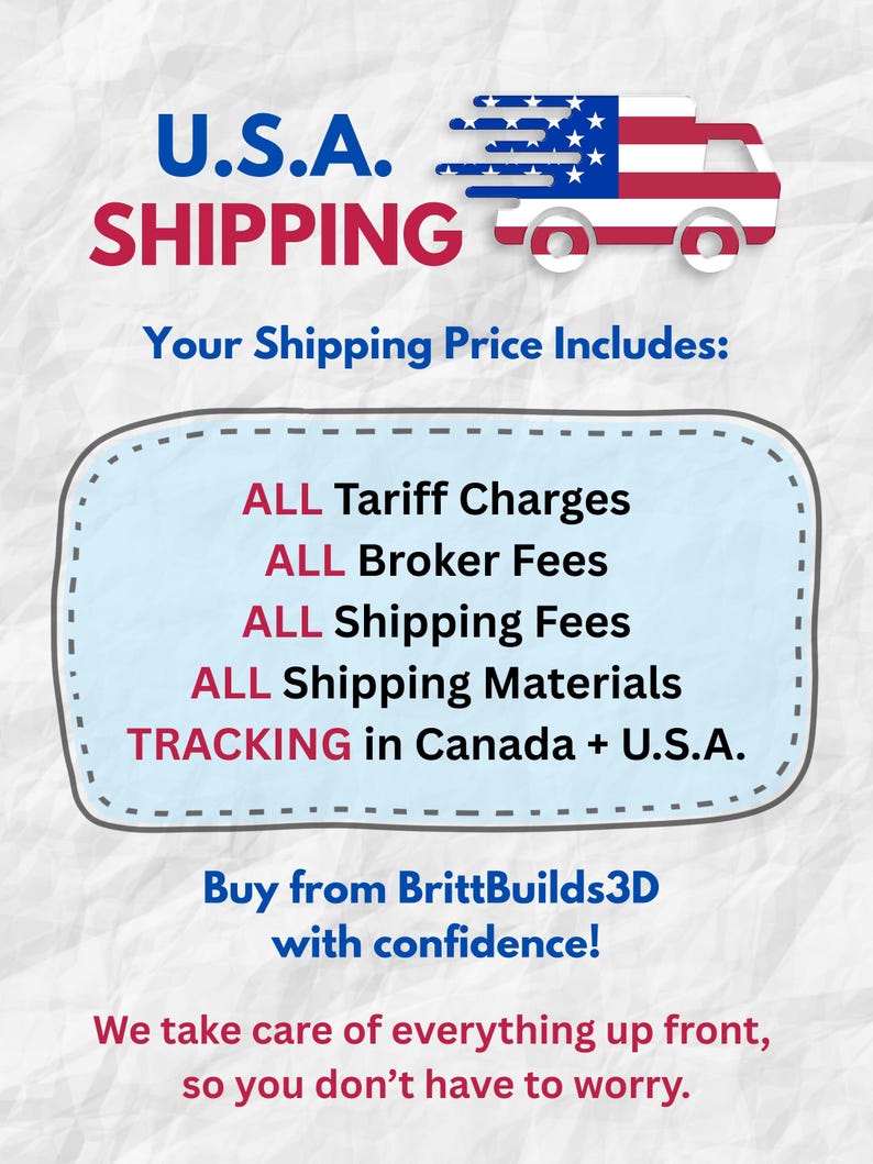 Puede incluir: Gr&aacute;fico con el texto "U.S.A. SHIPPING" y un cami&oacute;n estilizado con dise&ntilde;o de la bandera estadounidense. El texto destaca que el precio de env&iacute;o incluye cargos arancelarios, comisiones de corretaje, gastos de env&iacute;o y materiales, con seguimiento en Canad&aacute; y EE. UU.