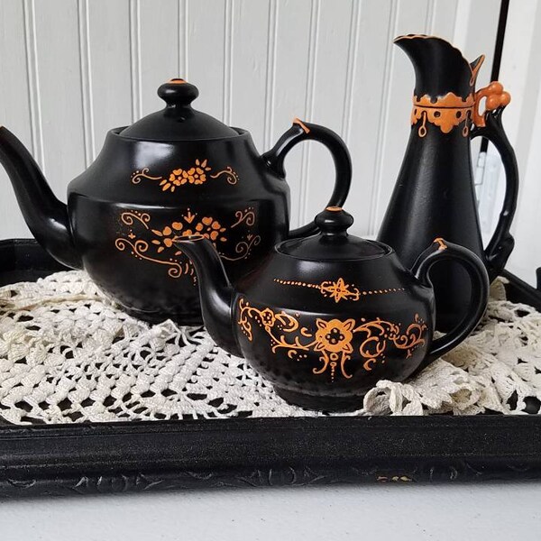 Vintage Hand Painted Black and Orange Halloween Tea Set