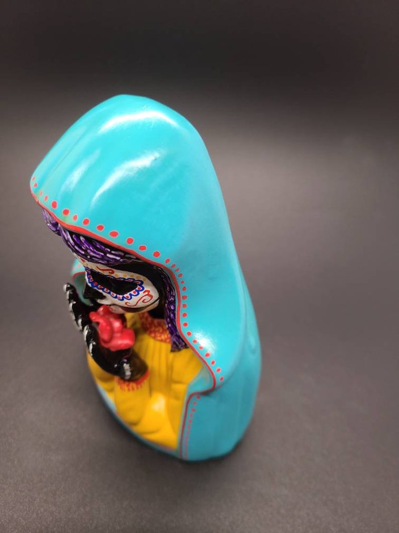 Upcycled Day of the Dead Hand Painted Vintage Madonna Figurine with Blue Veil and Rose