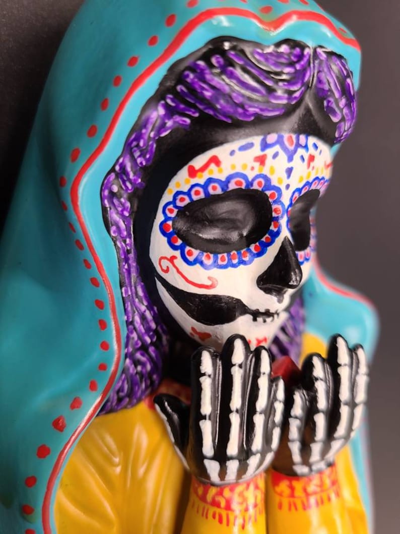 Upcycled Day of the Dead Hand Painted Vintage Madonna Figurine with Blue Veil and Rose