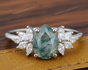 Moss Agate Engagement Ring, 925 Sterling Silver Wedding Band