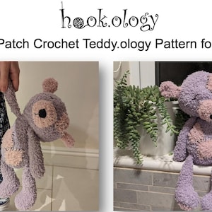 May include: Two images of a handmade crochet teddy bear in shades of purple and pink. The bear has floppy limbs, a round head, and a small pom-pom on top. The text "hook.ology" and "Floppy Patch Crochet Teddy.ology Pattern for Fluffy Yarn" are visible.