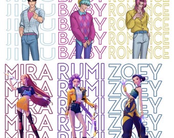 Kpop Demon Hunters PNG Bundle of 6, Jinu Baby Romance Mira Zoey Rumi PNG, Saja Boys Png, Huntrix Girl Png