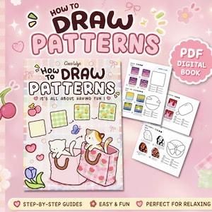 May include: A digital PDF book titled How to Draw Patterns featuring step-by-step drawing guides. The cover displays two cats in bags, cherries, and a butterfly. Three interior pages show tutorials for drawing patterns, a popsicle, and a butterfly.