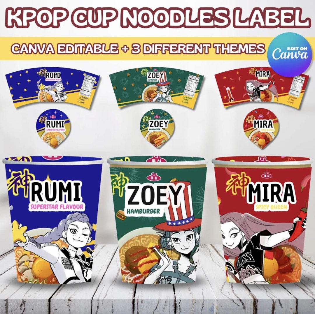 Kpop Demon Hunters Cup Noodle Labels, Party Huntrix Ramen, Rumi