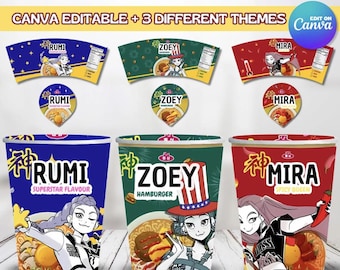 Kpop Demon Hunters Cup Noodle Labels, Party Huntrix Ramen, Rumi Mira Zoey, Kpop party, Printable pack, Halloween party