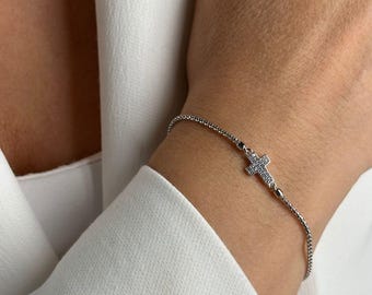 Armband met kruis en zirkonia | 925 sterling zilver, gerhodineerd | Fijne damesarmband | Religieuze sieraden | Cadeau voor haar
