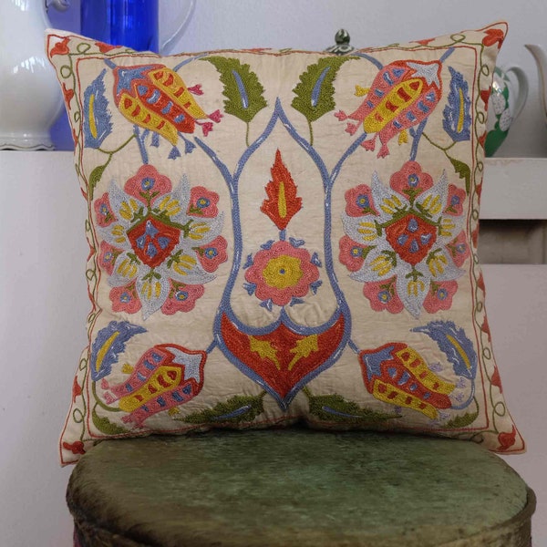 Uzbek suzani pillow, silk Embroidered Pillow,Home Decor pillow,Decorative pillow,Boho pillow,Tapestry pillow 19.5 x 19.5 inch