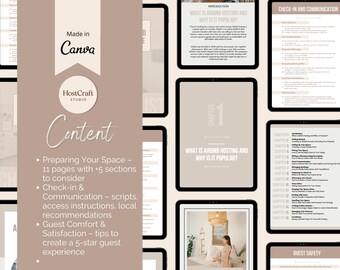 May include: A digital guide for Airbnb hosts, featuring content on preparing spaces, check-in communication, and guest satisfaction. The guide is made in Canva and includes a logo for HostCraft Studio.
