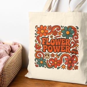 70s Flower Power Cotton Canvas Tote Bag: Black & White Reusable Grocery Bag