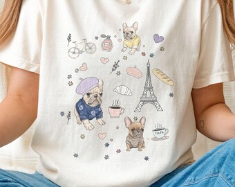 Cute French Bulldog Shirt, Paris Cafe Frenchie Tee, Aesthetic Dog Lover Shirt, Frenchie Mom Gift, Comfort Colors French Bulldog Top
