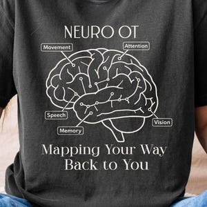 Puede incluir: Una camiseta gris carbón con una ilustración de líneas blancas de un cerebro humano. El gráfico incluye el texto NEURO OT, etiquetas para Movement, Attention, Speech, Memory, Vision y la frase Mapping Your Way Back to You.