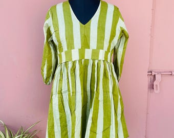 Fresh Green Striped Midi Dress Sleeveless Square Neck, Folded Bodice, Eco  Fabric - Etsy