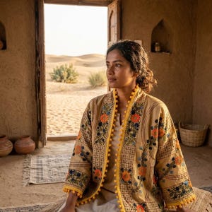 May include: A beige open-front jacket featuring intricate floral embroidery in orange and blue, accented with a yellow pom-pom trim along the edges and sleeves. The jacket is worn over a simple, solid beige dress, creating a layered look.