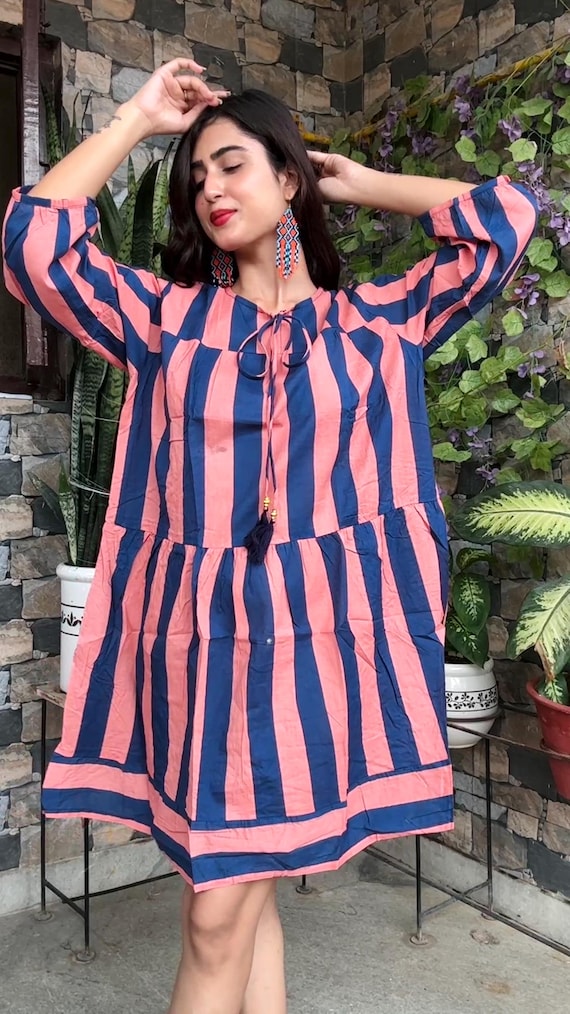 chinese dress ladies Shmily Girl Striped Dress for Women Summer Dress Casual A-Line Midi Dresses  V Neck Sleeveless DressBlue,L at Amazon Women's Clothing store